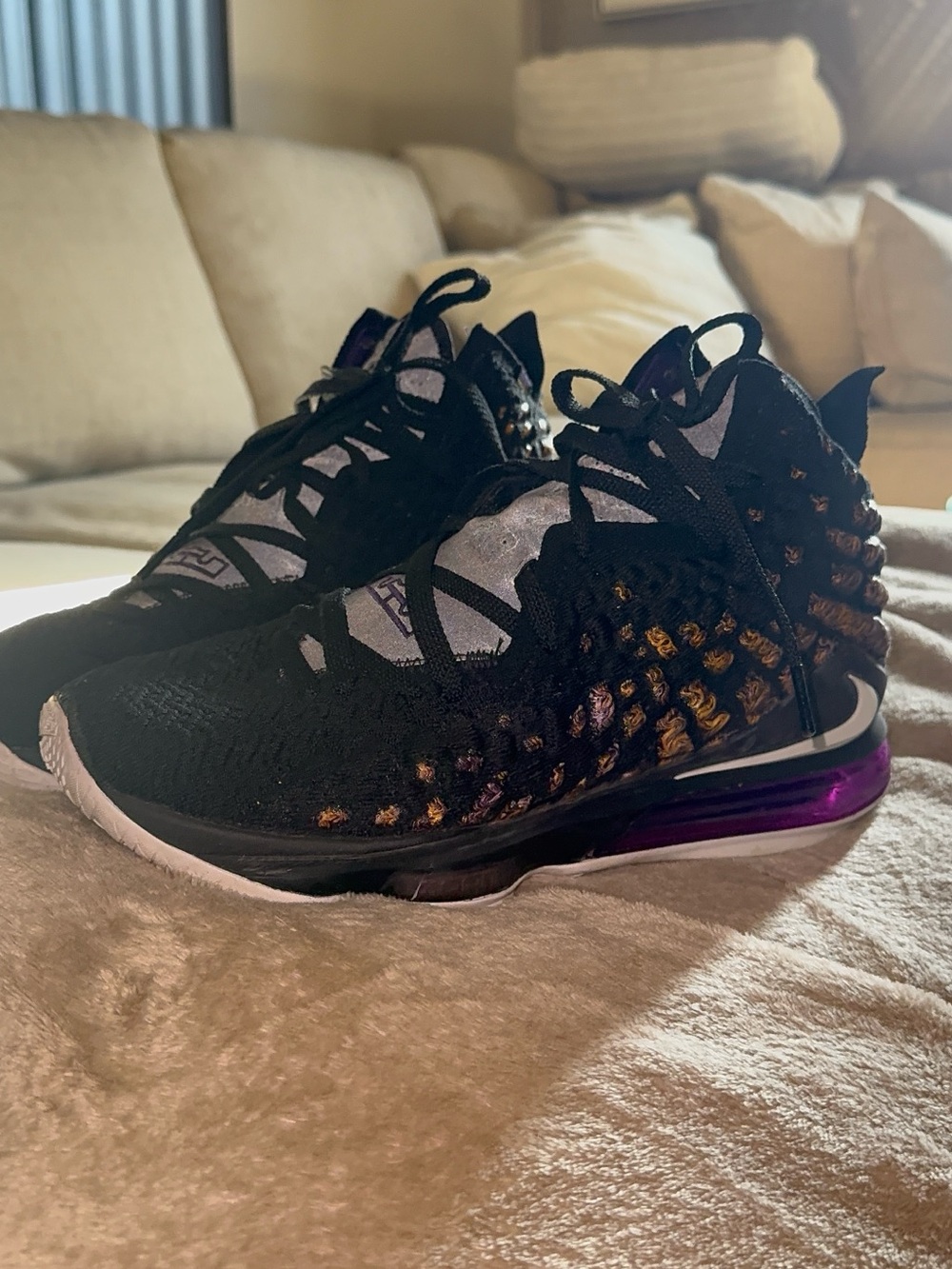 LeBron Nike 17 Lakers Men’s with Purple Air Cushion and Gold Accent